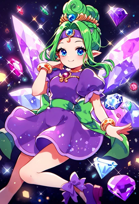 score_9, score_8_up, score_8, score_7, absurdres, ruby_panepon, blue eyes, wings on back, green hair, pointy ears, purple dress, purple footwear, puffy sleeves, hair bun, bracelet, tiara, headband, back bow, (gem:1.1), sidelocks, looking at viewer, smile, cave background, glitter