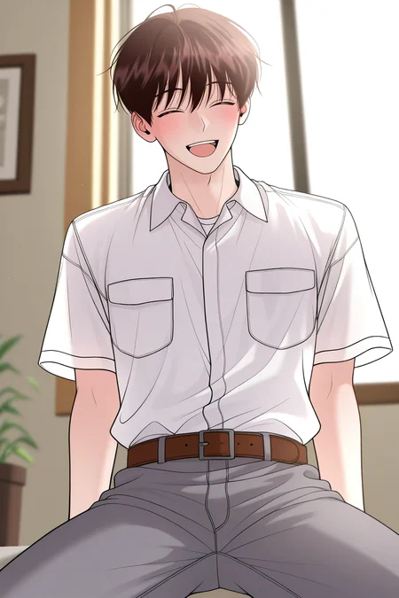 masterpiece, best quality, amazing quality, very aesthetic, high resolution, ultra-detailed, absurdres, newest, scenery, volumetric lighting, depth of field,anime screencap, , , 1boy, solo, male focus,<lora:yoil:0.77>,won yo il,dark brown hair,brown eyes,short hair,blush,smile, shirt, open mouth,closed eyes, sitting, white shirt, short sleeves, collared shirt, grey pants, indoors, belt, looking to the side, window, pocket, breast pocket,from below