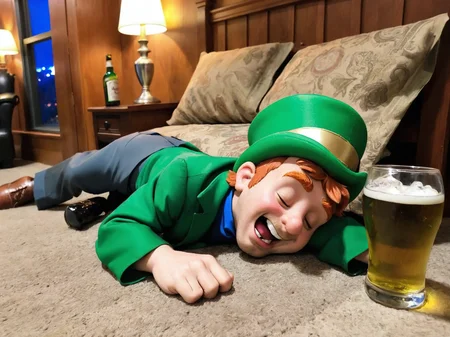 An epic photo of Lucky the Leprecaun passed out drunk.  <lora:Lucky-Charms-XL-v1-000015:0.7>