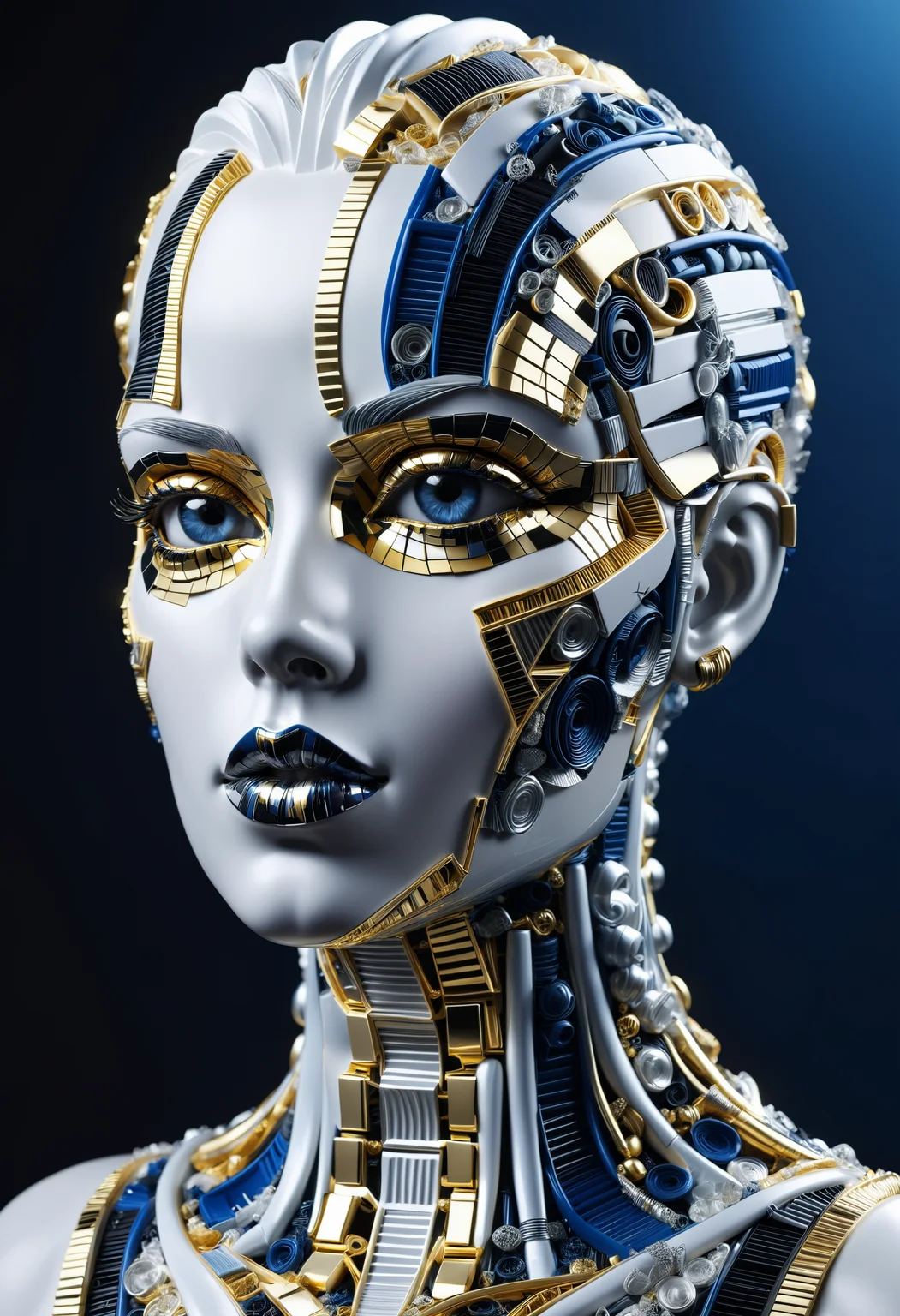 digital art of a bust patterned with black and white stripes with chrome reflections, gold eyes and lips accents, quantum wavetracing and voxel geometry influences, strong industrial urban influences BREAK light silver and dark blue background, selective focus <lora:dvr-trsh:0.8> dvr-trsh