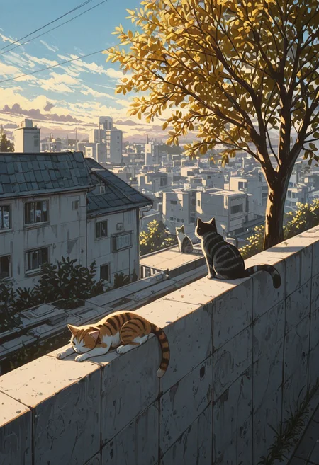 multiple cats, domestic cat, four cats, orange tabby cat, calico cat, black tabby cat, white tabby cat, striped kitten,
on rooftop, sitting in a row, back view, tail hanging down, tail down,
sunny day, soft shadows, warm lighting, vibrant colors, slice of life, serene_mood,
bluesky, white clouds, urban rooftop, concrete wall, plants in foreground, tree, open air, peaceful afternoon,   
masterpiece, amazing quality, best quality, scenery, painterly, anime coloring