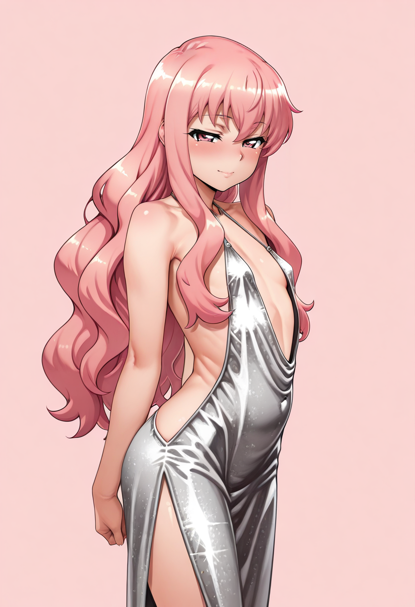 louise francoise le blanc de la valliere, mature female, small breasts, masterpiece,best quality,absurdres, amazing quality,
1girl, solo,
standing,
looking at viewer, half-closed eyes, light smile,
simple background, pink background,
<lora:Neromashin_Style_SKNSFW:0.8> Neromashin_Style_SKNSFW, 
 <lora:St._Louis_Luxurious_Wheels:0.8> L0x0r100s_Wh33l5, silver dress, halterneck, backless dress, halter dress, revealing clothes,