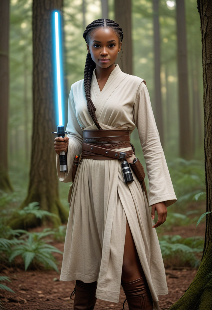 (medium full shot) of (desirable jedi) female african, dark eyes, dark skin, long hair with a braid, wearing a lightweight Jedi tunic,simple cloth belt,lightweight leather boots, arm wraps, holding dual lightsabers, smiling at the viewer, set in  a secluded forest grove, surrounded by ancient trees and the soft hum of nature, a place of peace and solitude, at dawn, Masterpiece,best quality, photorealistic, amazing quality, very aesthetic, extremely detailed face,