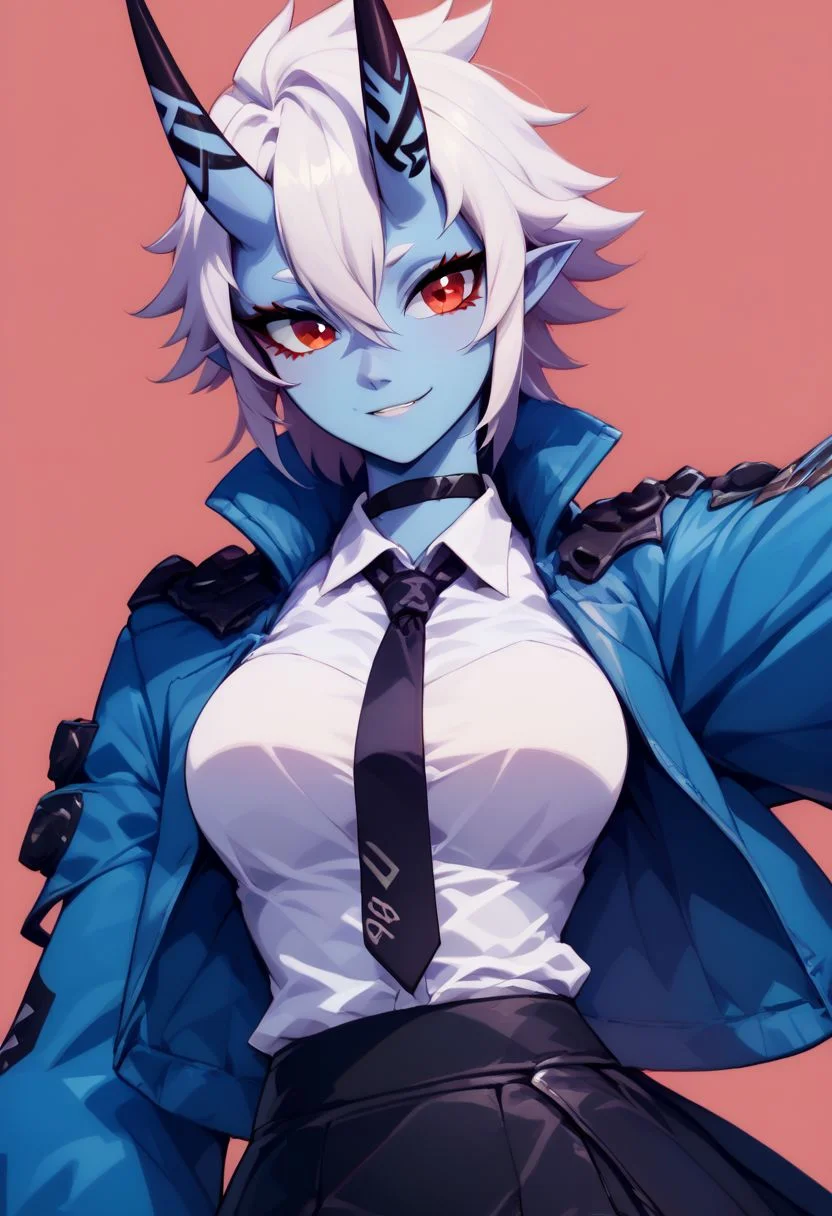 score_9, score_8_up, score_8, big breasts, (curvy), cute, eyelashes,
BREAK,
soukaku, red eyes, blue skin, white hair, short hair, horns, oni, black choker, blue jacket, white collared shirt, black tie, black skirt,
soukaku, blue oni, hair between eyes, jacket, long sleeves, necktie, shirt, short hair, skirt, smile, soukaku (zenless zone zero), white shirt,
zPDXL,