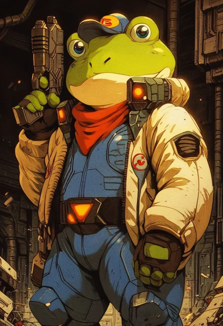 score_9, score_8, score_7, score_6, 1boy, solo, knva, retro artstyle, science fiction, Slippy Toad, chubby, anthro furry, furry male, spaceship, dynamic pose, (((gun, sci-fi gun)))