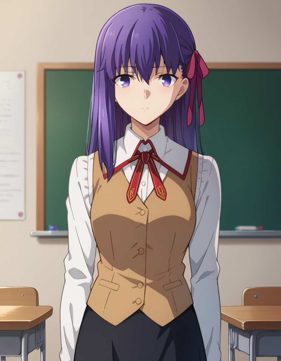 score_9, score_8_up, score_7_up, source_anime,
sakuramatou, <lora:sakura-matou-hf-ponyxl-lora-nochekaiser:1>,
sakura matou, long hair, purple eyes, purple hair, ribbon, hair ribbon, red ribbon,
shirt, white shirt, collared shirt, long sleeves, neckertie, red neckertie, vest, light brown vest, skirt, black skirt,
indoors, classroom,
looking at viewer, dutch angle, cowboy shot,