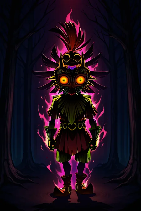 masterpiece, best quality, zzMajora,  majora (entity), skull kid, nintendo, the legend of zelda, the legend of zelda: majora's mask, commentary, aura, branch, corruption, dark, dark persona, gloves, glowing, glowing eyes, hat, horns, ichabod1799, looking at viewer, mask, outdoors, possessed, possession, red eyes, red hair, shadow, standing, tree, triangle print   ,<lora:MajoraZeldaIXL_v2:1.0>,