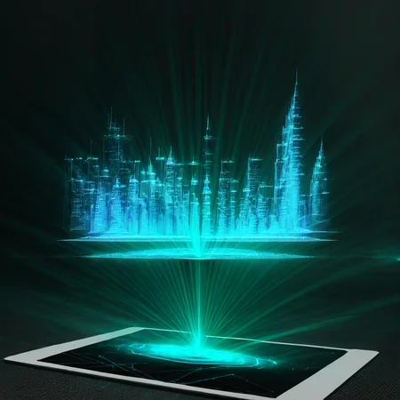 hologrameffect, a tablet with a city on it and a laser coming out of it,highly detailed,intricate<lora:hologram_effect:1>