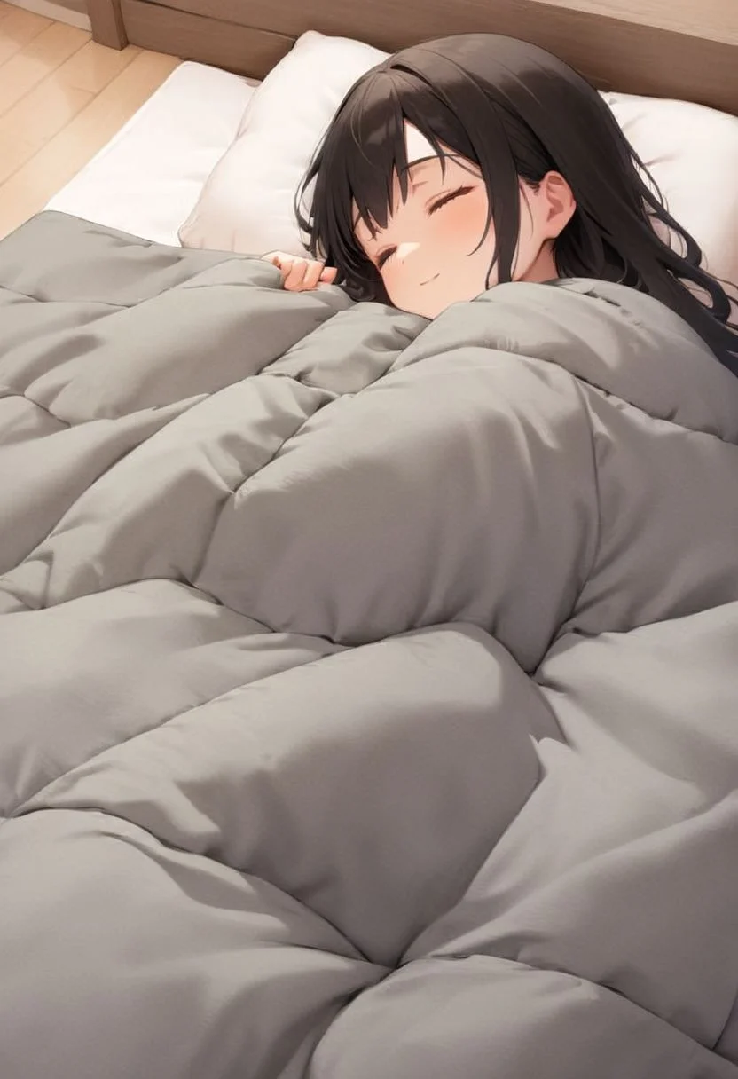 1girl, black hair, long hair, happy, light smile,
futon, pillow, closed eyes, bed, sleeping, lying, under covers, blanket,
masterpiece, best quality, ultra-detailed, illustration,
<lora:kakebuton_SDXL_V1:0.8>