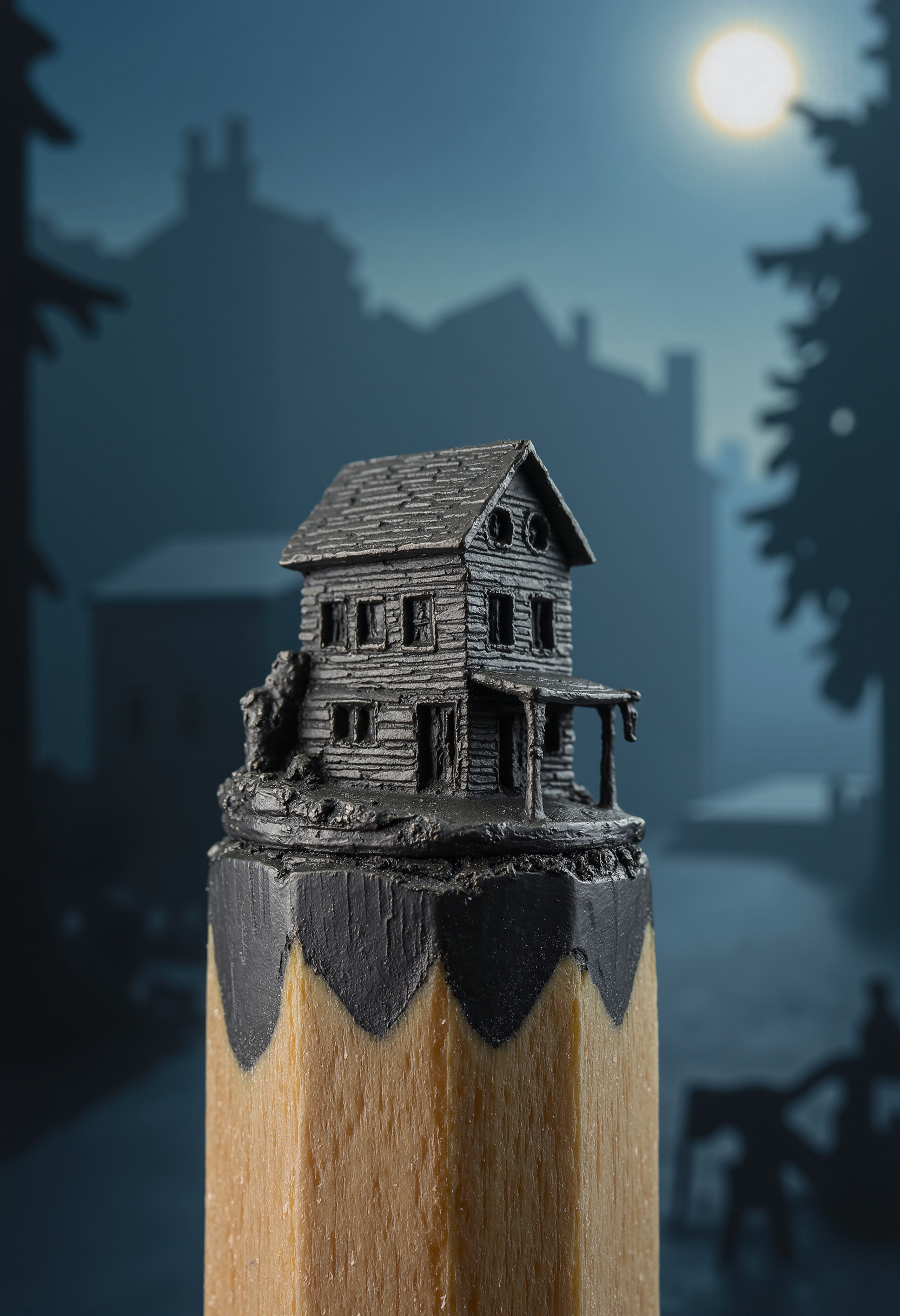 Mini sculpture on the tip of the pencil, showing an old town house. The background is a dark, blue fog and godrays.
