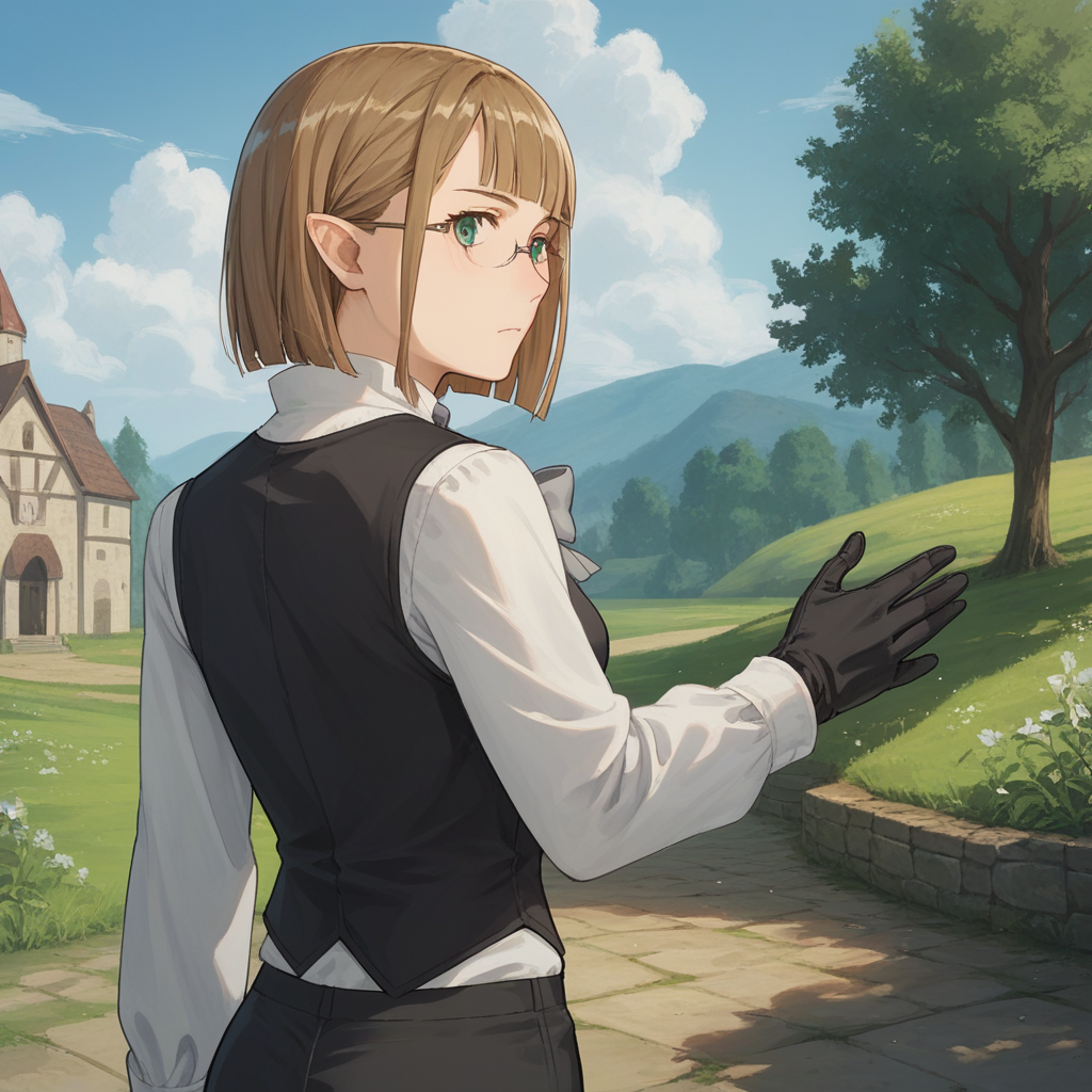 score_9, score_8_up, score_7_up, source_anime, BREAK <lora:Eina Tulle - Danmachi V2-000009:1> Eina Tulle, solo, 1girl, gloves, glasses, black gloves, pants, bowtie, standing, bow, black pants, vest, shirt, black vest, white shirt, grey bowtie, grey bow, medieval, looking back,