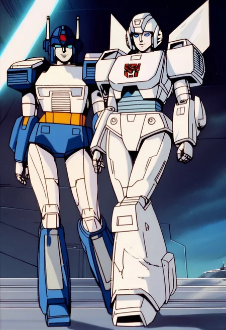 score_9, score_8_up, score_7_up, animation, transformers, 1girl, robot, Decepticon, Tall, slim, Seeker, Starscream glowing eyes, blue eyes, large eyes, circular eyes, white armor, Forard swept wings, transforms into futuristic Stelth Mig Fighter Jet, full body, cowboy shot, smiling, holding null ray blasters, Decepticon Symbol, outer leg armour wrapped around legs (curvy, wider at bottom, knee joint)
<lora:StarScream1.2:1>