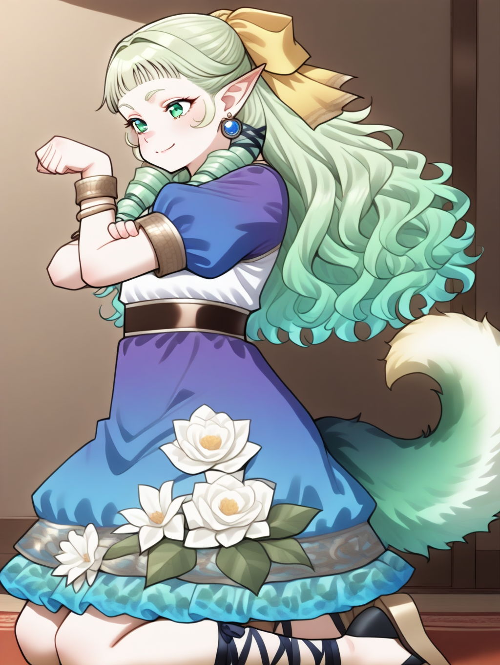 perfect quality,best quality,absolutely eye-catching,ambient occlusion,raytracing BREAK
1girl,<lora:SO4pafy IL v1.2:1>,SO4pafiy,green eyes,green hair,wavy hair,drill sideburns,hair ribbon,pointy ears,earrings,bracelet,green gradient dog tail,white flower on skirt,sandals,black cross-laced legwear,blue puffy short sleeves,ankle lace-up,lace trim,single flower,blue dress,smile,blouse,, from_outside,cowboy_shot,fighting_stance,paw_pose,crossed_arms,kneeling,