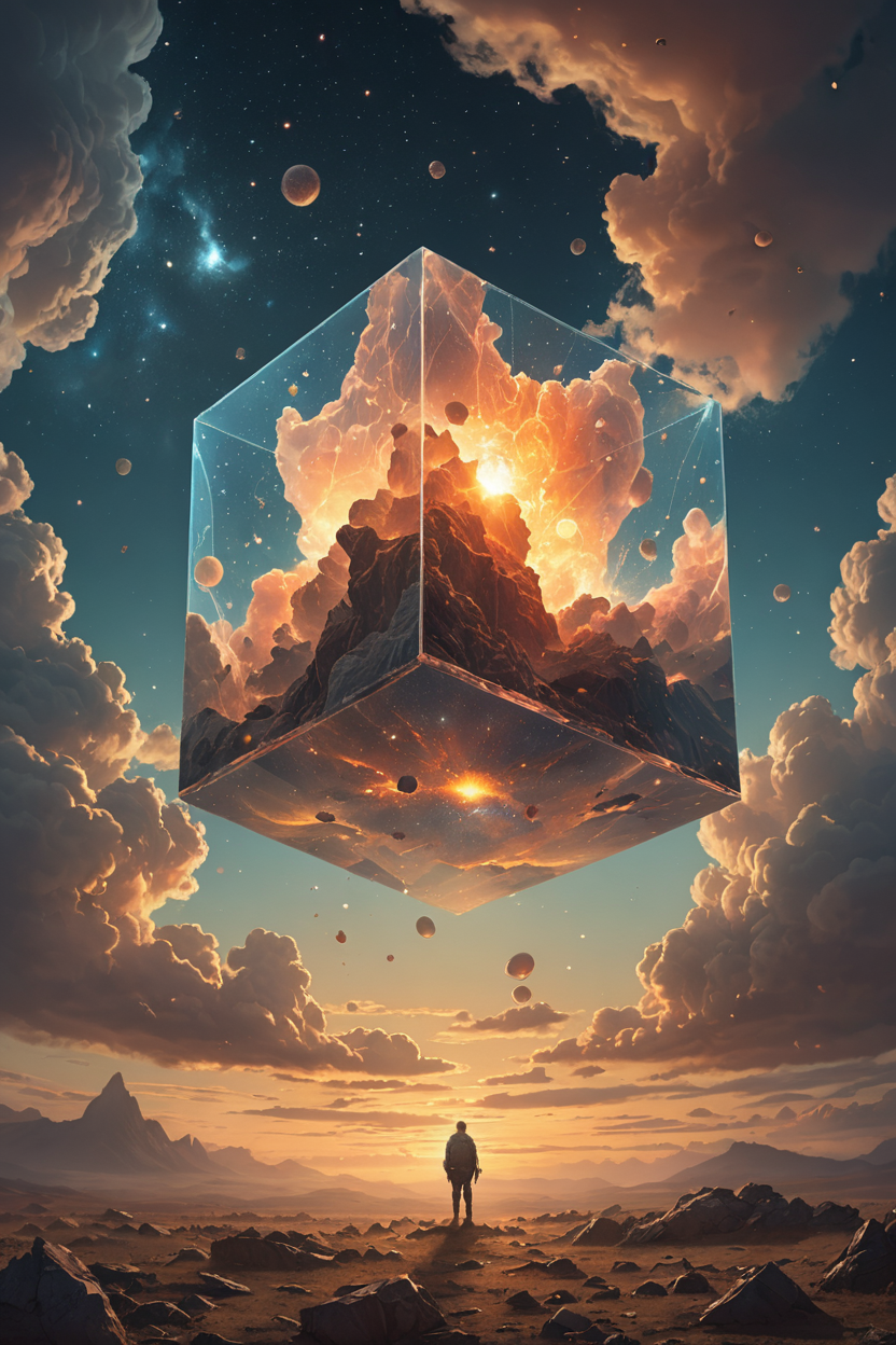 ethereal fantasy concept art of Bosch-style,a translucent cube traps eerie clouds,the starsscape warps,time distorts,surrealism reigns,stars,Glowing,sparkling . magnificent, celestial, ethereal, painterly, epic, majestic, magical, fantasy art, cover art, dreamy