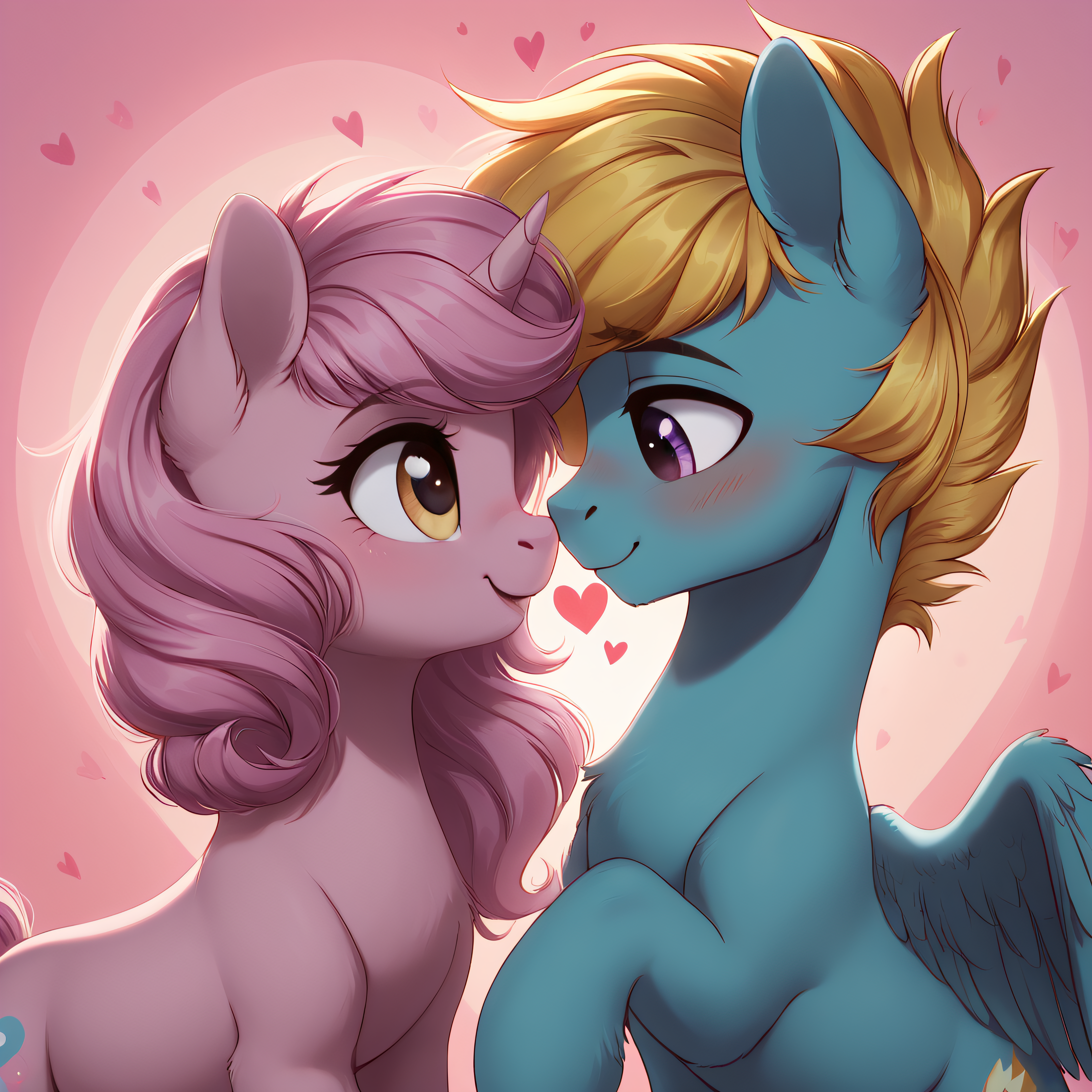 a pink unicorn mare with blue mane and yellow eyes, looking right, bedroom eyes, open mouth, female, a blue pegasus stallion with yellow mane, purple eyes, feathered wings, looking left, looking down, blushing, (male:1.3), a unicorn and a pegasus, cute, looking at each other, hearts, nuzzling