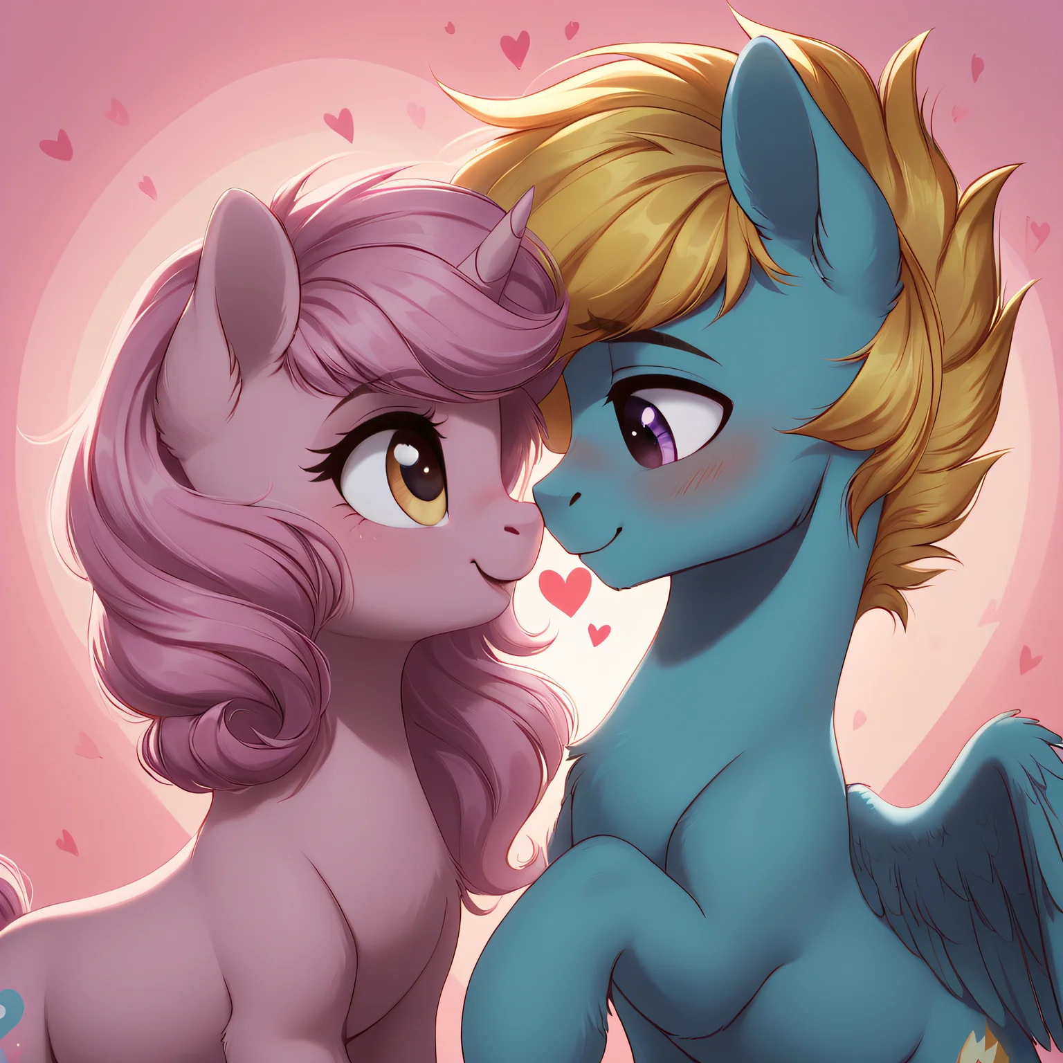 a pink unicorn mare with blue mane and yellow eyes, looking right, bedroom eyes, open mouth, female, a blue pegasus stallion with yellow mane, purple eyes, feathered wings, looking left, looking down, blushing, (male:1.3), a unicorn and a pegasus, cute, looking at each other, hearts, nuzzling