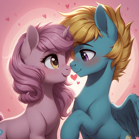 a pink unicorn mare with blue mane and yellow eyes, looking right, bedroom eyes, open mouth, female, a blue pegasus stallion with yellow mane, purple eyes, feathered wings, looking left, looking down, blushing, (male:1.3), a unicorn and a pegasus, cute, looking at each other, hearts, nuzzling