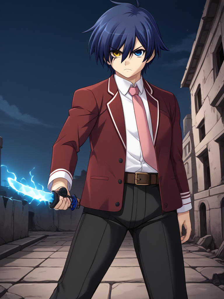 1boy, solo, kakerueleveneyes, blue hair, short hair, ahoge, yellow eyes, blue eyes, heterochromia, red blazer, white shirt, pink necktie, brown belt, black pants, school uniform, holding, weapon, katana, holding katana, outdoors, ruins, city, red sky, night, serious, electricity, electrict katana, dynamic pose