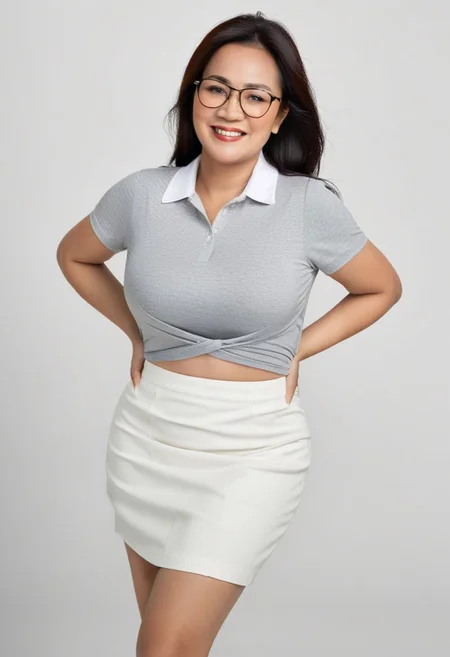 beautiful Indonesian adult woman, 38yo, medium black hair, glasses, real skin, breasts out, wide hips, big waist, big thigh, look at viewer, freckles, smiling, teeth, wearing white shirt, black pencil skirt, ernie