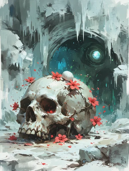 Create an Arctic cave where the ice domes are bathed in a cold blue light refracting and giving a greenish tint that pierces through cracks and ice crystals. In the center of the cave lies a colossal skull of an ancient creature, covered with an egg. From its empty eye sockets grow bright-red flowers of hibiscus and hipganana (Lycoris radiata), contrasting with the icy white. The petals of the flowers tremble in the frosty wind, and there is silence around them, broken only by a barely perceptible flicker of light in the depths of the ice. The atmosphere is a mixture of mysticism and fragile beauty, where life and death, heat and cold collide in an eternal dance.