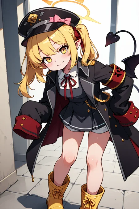 masterpiece, best quality, 1girl, solo, 21 year old model, eyelashes, (beautiful eyes), ,,, zzIbuki, yellow eyes, yellow halo, blonde hair, long hair, tail, side ponytail, horns, demon horns, black horns, hair ribbon, pointy ears, wings, demon wings, black wings, tail, demon tail, horns, black tail, demon horns, black horns, demon girl, low wings, hair ribbon, neck ribbon, black headwear, red ribbon, peaked cap, black coat, collared shirt, long sleeves, open coat, pinafore dress, sleeves past fingers, black dress, hat bow, white shirt, yellow footwear, boots, white shorts, oversized clothes, red armband, military hat, pink bow, <lora:IbukiBlueArchiveIXL:1.0>,,,, smile, looking at viewer, leaning forward, head tilt, blush,,, <lora:GoldenCATLoraIXL:0.6>, <lora:ZankuroIXLLight_v2:0.6>, <lora:princess_xl_v2:0.3>,