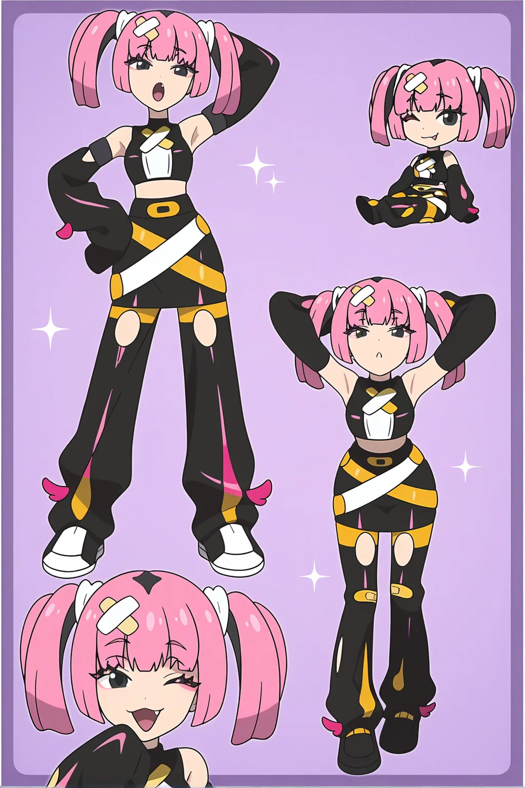 anime screencap, pokemon, pokemon horizons, coralmv, 1girl, long hair, looking at viewer, smile, open mouth, shirt, skirt, hair ornament, closed mouth, sitting, twintails, standing, black eyes, pink hair, one eye closed, detached sleeves, sleeveless, tongue, pants, belt, fang, hand up, midriff, black skirt, black footwear, armpits, chibi, :o, arms up, crop top, grey eyes, sleeves past wrists, eyelashes, hand on own hip, torn clothes, multiple views, sleeveless shirt, v, sparkle, makeup, border, bandaid, arms behind head, sleeves past fingers, eyeshadow, purple background, smug, bandaid on leg, torn pants, crossed bandaids, yellow belt, pink eyeshadow, bandaid hair ornament, mesugaki, black hair, full body, multicolored hair, two-tone hair, coral \(pokemon\)
<lora:Coral_2outf:1>