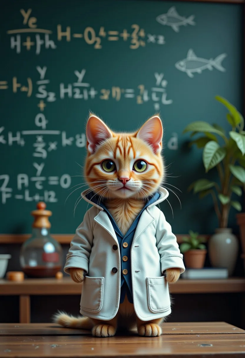 Jeddtlv3, A cat in a lab coat, standing in front of a chalkboard full of "complex equations," but the only thing written is a doodle of a fish