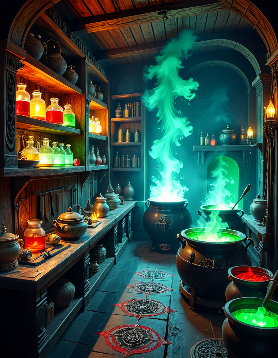 Hidden deep within the necromancerâs infernal domain lies a nightmarish kitchen, a grotesque fusion of alchemical laboratory and sacrificial chamber. The walls are carved from blackened bone and obsidian, pulsating faintly with necrotic energy. Faint green flames flicker in sconces made from twisted skeletal hands, casting eerie shadows across the macabre workspace. The air is thick with the scent of decay, ash, and something far worseâan indescribable aroma of corruption and dark magic.
At the center, a massive butcherâs table, scarred and stained with centuries of dried blood, serves as the primary workstation. Rusted, jagged knives, bone saws, and crude flesh-carving tools hang from hooks, their edges glistening with fresh remnants of something recently prepared. Nearby, grotesque cauldrons bubble with viscous, unnatural liquidsâblack ichor, boiling crimson blood, and glowing green elixirs swirl together, each concoction releasing haunting whispers as if infused with trapped souls.
Suspended from the ceiling, enormous iron hooks hold skinned carcassesâsome humanoid, others unrecognizable abominations stitched together from various creatures. Skeletal constructs, animated by unseen forces, mindlessly tend to the kitchen, stirring bubbling cauldrons and grinding unknown ingredients into fine powders using ancient, rune-etched mortars and pestles.
Along the walls, towering shelves hold disturbing "ingredients" sealed in glass jars: floating, disembodied eyes that track movement, severed hands that twitch sporadically, and writhing black worms that exude a thick, putrid slime. Bundles of dried, withered herbsâsome glowing faintly with infernal energyâhang from the rafters, alongside strips of preserved flesh, their origins best left unspoken.
In one corner, a massive, rune-inscribed oven burns with an unnatural, ghostly blue flame. The heat does not come from firewood but from the tormented souls bound within, their agonized wails fueling its endless infernal blaze. A massive iron cauldron sits atop a cracked stone hearth, where a thick, bubbling stew churnsâits surface occasionally breaking as something beneath struggles, clawing weakly before sinking back into the depths.
This is not a place for feastingâit is a workshop of the grotesque, where ingredients are harvested, flesh is repurposed, and the very essence of undeath is distilled into unholy nourishment. No living creature eats hereâonly the dead, the damned, and the things that should not be.
Style & Mood :
- Dark fantasy, gothic horror, necromantic aesthetics
- Cinematic, high-detail, eerie lighting
- Infernal atmosphere, filled with shadows, glowing green and crimson energy, and grotesque details
- Inspired by the works of ZdzisÅaw BeksiÅski, H.R. Giger, and dark medieval sorcery
<lora:SDXLFaeTastic2400:0.4> <lora:extremely_detailed:0.4> extremely detailed, <lora:mysterious_4lch3my_sh0p:1> mysterious 4lch3my sh0p <lora:nightmarish_k1tch3n:1>,nightmarish k1tch3n, Masterpiece,best quality,hi res,8k,hi res,8k,award winning,(sharp focus, intricate, highly detailed),