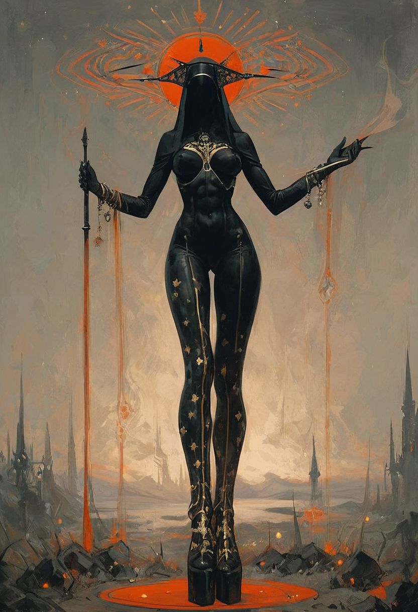 ((score_9, score_8_up, score_7_up)), (((character design, sci-fi warrior women, feminine power, perfect anatomy))), 
An enigmatic figure of a (satanic)nun(caucasian), her (dark habit_catsuit covers all her skin), conducting a sensual satanic ritual inside a dark cathedral during night under a red eclipse. Her (eyeless)mask, elaborate crown, (fully)conceals her identity, adding to her mystique and allure. gold stiletto platform thigh boots, big breasts, tiny waist, flat abs, naughty, looking at viewer, seducing with her body, dancing towards viewer with her arms posing, sexy ass seductive wide hips, butt cheeks, twerk, huge perky breasts, in the style of a vintage, high-contrast setting. Emphasize theatrical elements with extreme opposition of bright colors against dark, moody backgrounds, under a dark red sky
,big butt, booty, bubble butt, <lora:add-detail-xl:2>