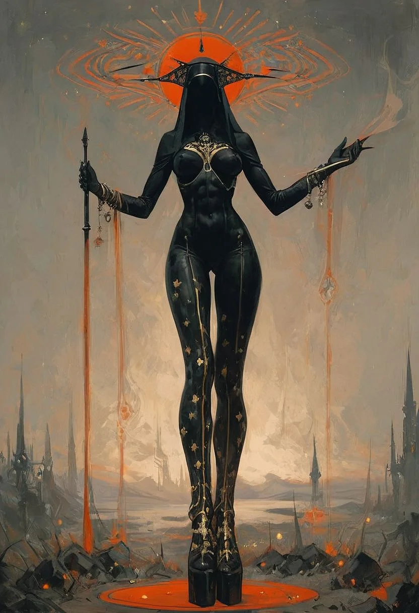 ((score_9, score_8_up, score_7_up)), (((character design, sci-fi warrior women, feminine power, perfect anatomy))), 
An enigmatic figure of a (satanic)nun(caucasian), her (dark habit_catsuit covers all her skin), conducting a sensual satanic ritual inside a dark cathedral during night under a red eclipse. Her (eyeless)mask, elaborate crown, (fully)conceals her identity, adding to her mystique and allure. gold stiletto platform thigh boots, big breasts, tiny waist, flat abs, naughty, looking at viewer, seducing with her body, dancing towards viewer with her arms posing, sexy ass seductive wide hips, butt cheeks, twerk, huge perky breasts, in the style of a vintage, high-contrast setting. Emphasize theatrical elements with extreme opposition of bright colors against dark, moody backgrounds, under a dark red sky
,big butt, booty, bubble butt, <lora:add-detail-xl:2>