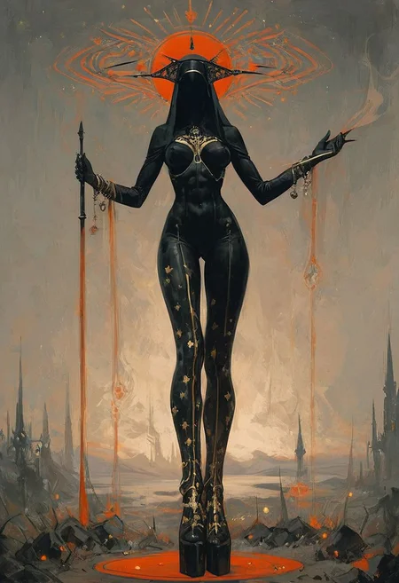 ((score_9, score_8_up, score_7_up)), (((character design, sci-fi warrior women, feminine power, perfect anatomy))),
An enigmatic figure of a (satanic)nun(caucasian), her (dark habit_catsuit covers all her skin), conducting a sensual satanic ritual inside a dark cathedral during night under a red eclipse. Her (eyeless)mask, elaborate crown, (fully)conceals her identity, adding to her mystique and allure. gold stiletto platform thigh boots, big breasts, tiny waist, flat abs, naughty, looking at viewer, seducing with her body, dancing towards viewer with her arms posing, sexy ass seductive wide hips, butt cheeks, twerk, huge perky breasts, in the style of a vintage, high-contrast setting. Emphasize theatrical elements with extreme opposition of bright colors against dark, moody backgrounds, under a dark red sky
,big butt, booty, bubble butt, <lora:add-detail-xl:2>
