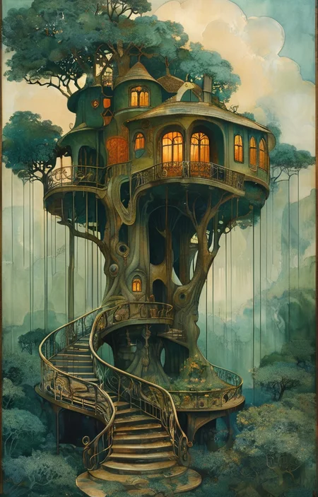 masterpiece,best quality,<lora:tbh309-sdxl:0.9>,illustration,designed by Victor Horta, Whimsical treehouse complex in a lush forest, channeling the spirit of Antoni Gaudí