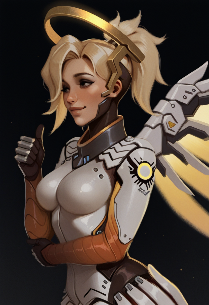 qu45681style, painterly, masterpiece  best quality,  solo,   mercy from overwatch, dumb epression, dull eyes,  blonde,  golden glowing halo, wings, side angle, mascara, bust, armor, thumbs up,