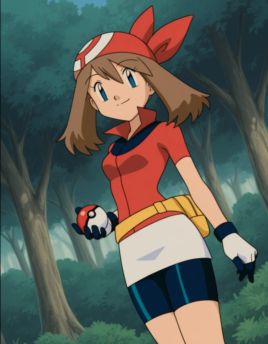 official style,may (pokemon), pokemon (anime), 2000s,brown hair, blue eyes, red bandana, red shirt, short sleeves, gloves, white pouch, white skirt, short skirt, pencil skirt, bike shorts,(((solo))),(holding poke ball:1.5),(standing:1.5),
explicit,(anime screencap), 2d cel anime,anime cap,anime,anime style,anime cel,cell shadedsoft brightness,perfect face,perfect nose, perfect hair, perfect eyes,perfect female body,perfect skin,a face of perfect proportion,perfect lighting,perfect anatomy,perfect proportion,perfect hands,perfect legs,perfect fingers,masterpiece,hair between eyes,
breasts,
perky breasts,best quality,very aesthetic,absurdres,16k,intricate detail,amazing quality,(bold:3.12),thick outline,black outline,harsh lines,soft lines,deluster,boldline,curvy,(anime coloring:1.2), smile,slim,forest,day,
looking at viewer,
(dynamic angle:2.2),
super fine illustration,detailed linework,vibrant colors,kawaii,flat color,outdoors, <lora:ãã±ããã¢ã³ã¹ã¿ã¼ãã«ã«åå ´çã¢ãã¡ä½ç»é¢¨illustriousV1.1PokemonMayMOVIE_ANIME_StyleillustriousV.1.1:1:0.8>