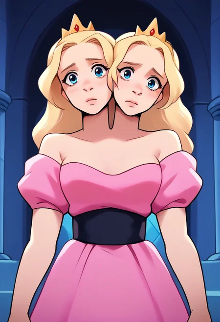 score_9, score_8_up, score_7_up, score_6_up, score_5_up, <lora:st3v3nXLP:1> st3v3n, princess, puffy sleeves,cleavage, solo, medium breasts, off-shoulder pink dress, 1girl with twoheads, long hair, blonde hair, blue eyes, indoors, castle, 2heads