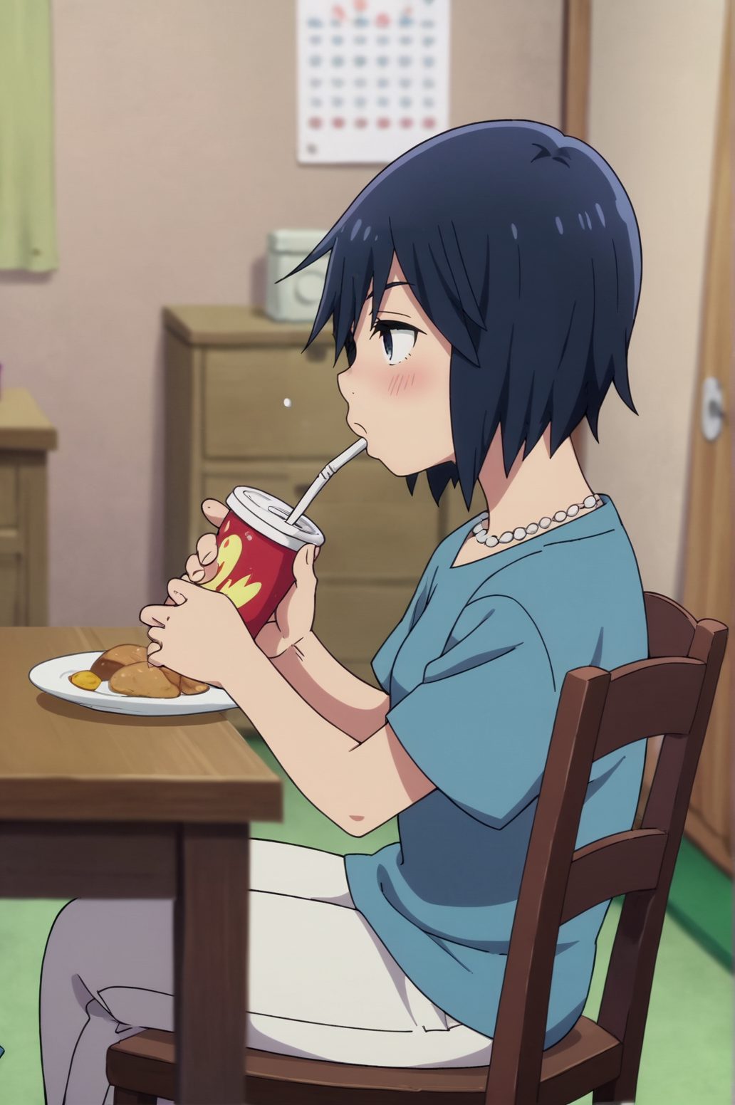 score_9, score_8_up, score_7_up,anime_source, source_anime, best background, detailed background, anime screencap,  Sachiko Fujinuma, short hair, indoors, blush, indoors, dynamic angle, dynamic pose, drinking, sitting, chair, <lora:JN_Sachiko_Fujinuma:0.8>