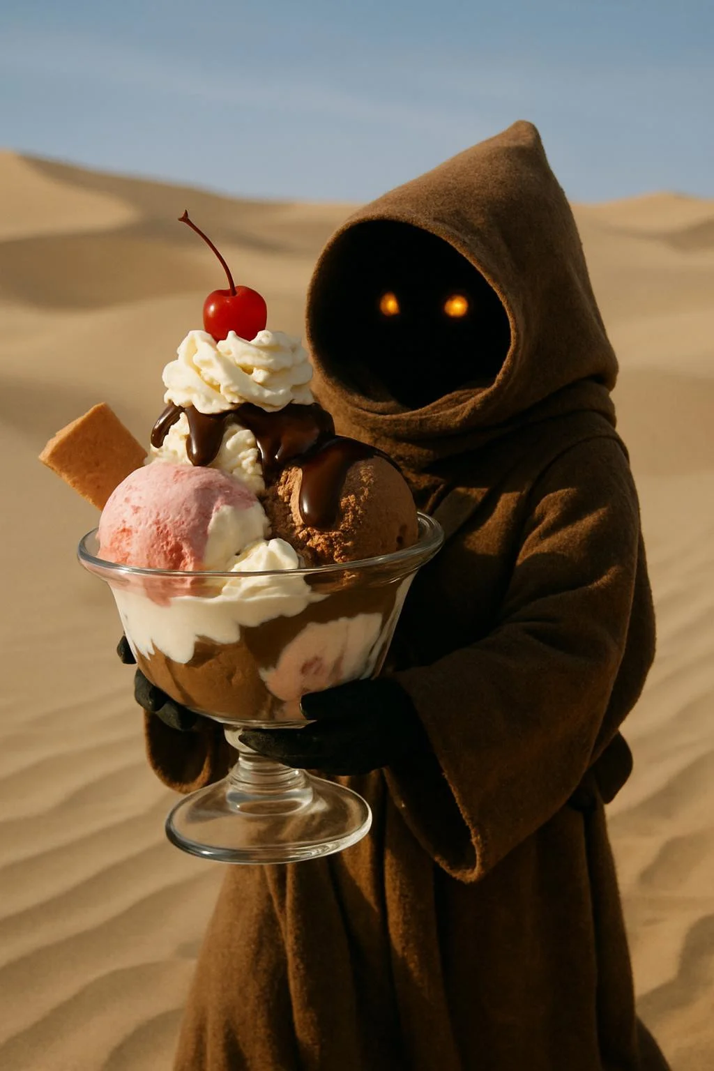 A film still of a Star Wars Jawa carrying a huge ice cream sundae across the sand dunes.