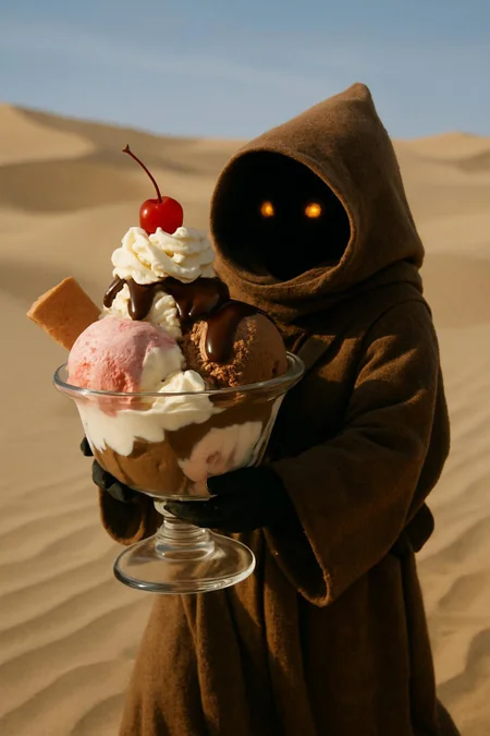 A film still of a Star Wars Jawa carrying a huge ice cream sundae across the sand dunes.