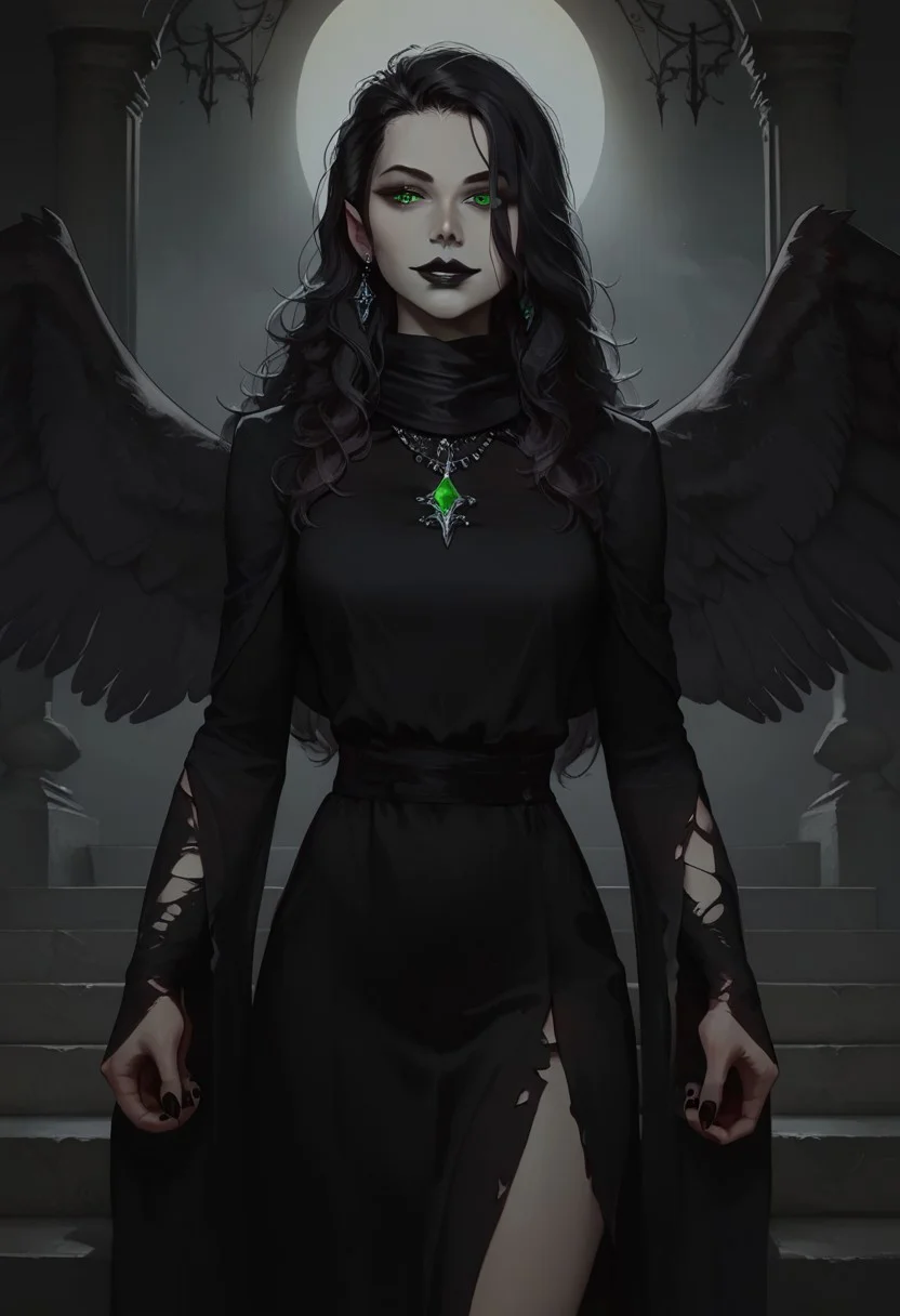 score_9, score_8_up, score_7_up, concept art, realistic, dark theme, perfect quality, masterpiece, highly detailed, dim light, Expressiveh, 4kFacePonyXL, ng_deepnegative_v1_75t,
anatomically perfect, bhands, glowing, neon lights,
portrait, gothic fantasy style, wide gothic grey marble staircase, outdoor scene,
1girl, 30 years old woman, solo, tall regal figure, slender body, fit athletic body, beautiful face, pale skin, black boots, slightly torn elegant long black robes, thick robes, rags, robes covering body from neck to ankle, black scarf, holes in robe, dark black messy hair with gray streaks, waist length hair, long hair, large sexy eyes, vibrant green eyes, black nail polish, standing at top of the staircase, black wings made of shadow and darkness, black lipstick, soft smile, silver ring with ruby stone, silver diamond earrings, silver necklace with ruby medallion, looking at viewer,