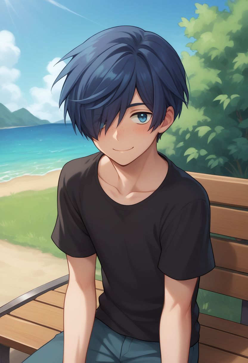 score_9, score_8_up, source_anime, highly detailed, 1boy, skinny,
toi, 1boy, male focus, hair over one eye, solo, freckles, blue eyes, shirt, blue hair, black shirt, sleeves rolled up, collarbone, t-shirt, smile, blush,
outdoor, sit, bench,