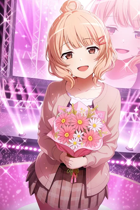 masterpiece, best quality, amazing quality,
<lora:Yuyuko_IL:1> yuyuko, skirt, 1girl, hair ornament, smile, bouquet, hairclip, bangs, open mouth, flower, stage, single hair bun, hair bun, looking at viewer, brown eyes, collarbone, sparkle, blonde hair, solo, blunt bangs, jacket, plaid
