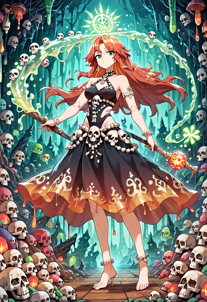 score_9, score_8_up, score_7_up,source_anime, masterpiece, high score, great score, absurdres, slimes_skullwm, made of skulls, lithe anime dancer girl composed of slick, emerald slime wrapped around ivory skeletal joints, elegant pose mid-spin, bone anklets shimmer under dripping goo, glowing trails left in her movements, fluid grace in a skull-lit cave ballroom
