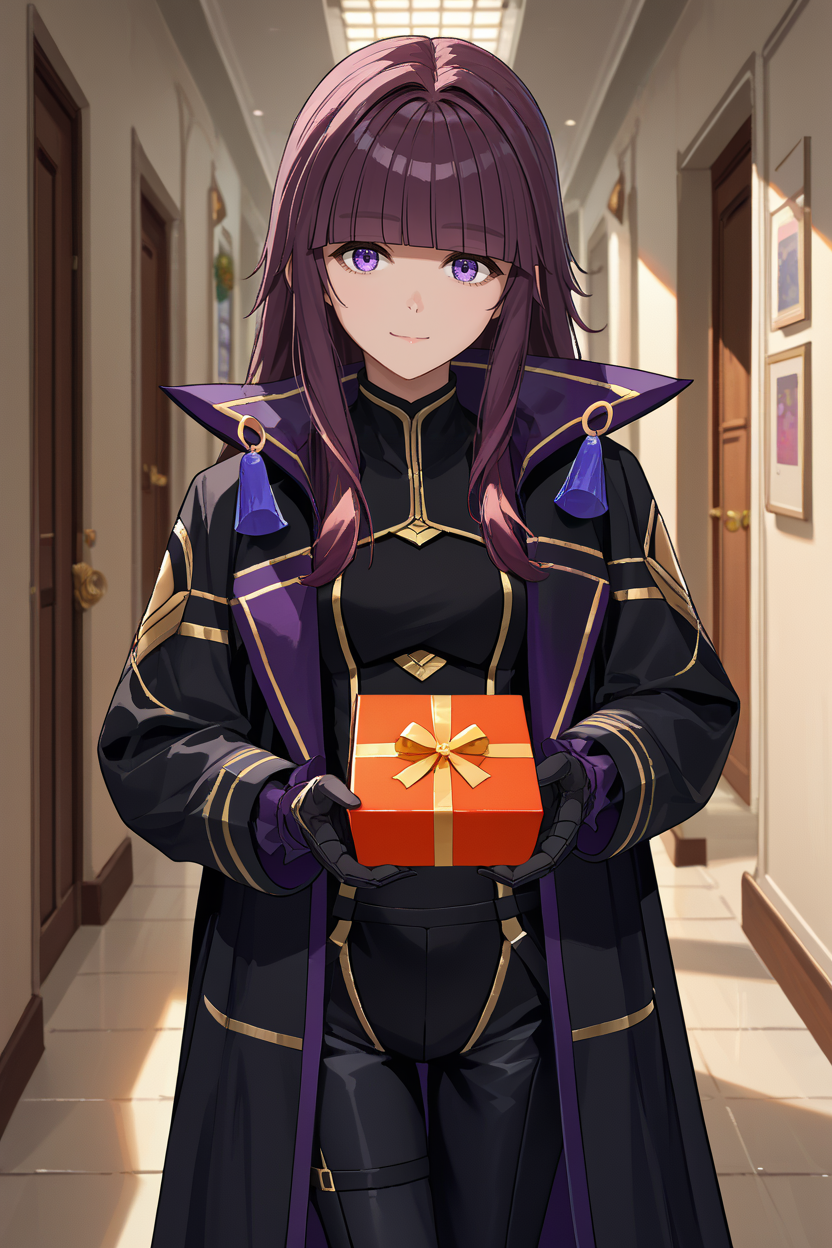 score_9, score_8_up, score_7_up, score_6_up, source_anime, 1girl, solo, <lora:eta-pdxl-nvwls-v1:1> eta, purple hair, blunt bangs, long hair, black coat, coat on shoulders, black bodysuit, gold trim, black gloves, black pants, happy, holding gift box, looking at you, hallway