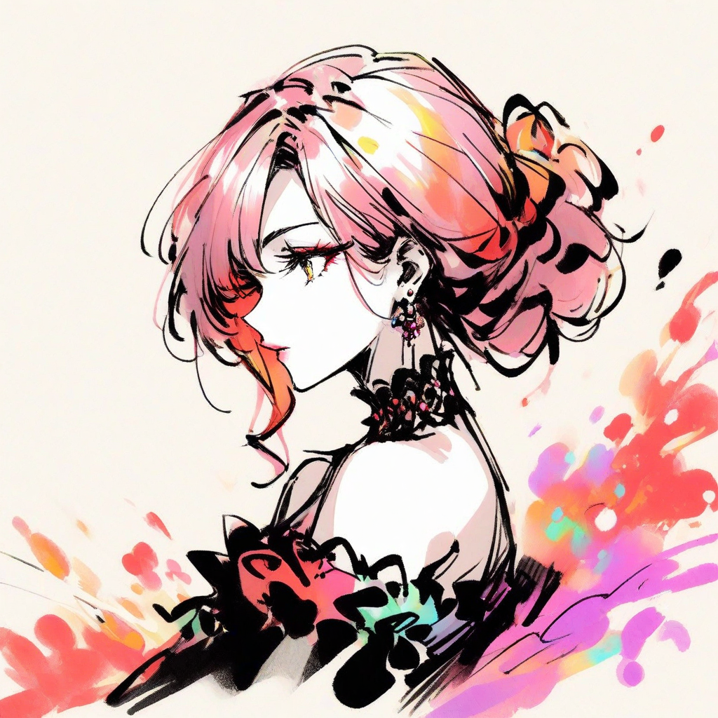 inksketch, a portrait of a woman, colorful, full body, beautiful red and black dress