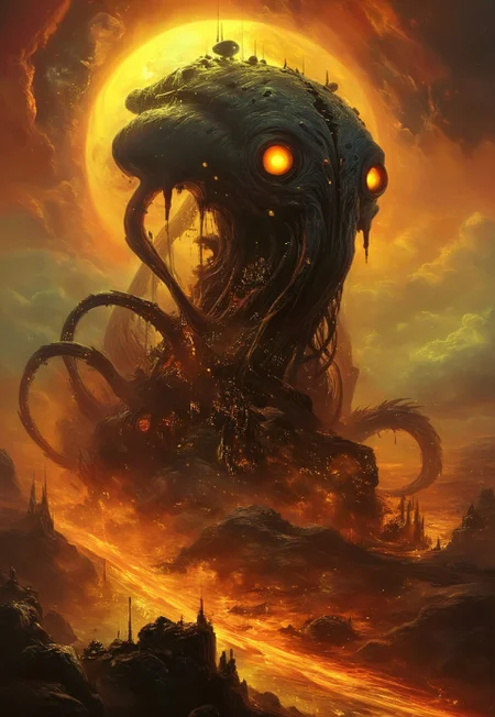 best quality, masterpiece, painting, concept art, ((((High angle From avove, camera from above, Bird's-eye view, aerial shot view)))), In the heart of the absurdes,land of alien worms, ,organic,abomination,remains of fallen giants,giant skeletons,overgrown,toxicity,mutation,dense fog,atmospheric haze,cloud, alien flora, liquid, ligaments, connections, biological, subsurface scattering,caustic,towering spires and intricate patterns, light particles, rainy, twisted architecture intricate detail,supermassive black sun, surreal masterpiece of contrast, blending the energy of fantasy with the scifi aesthetic,mix of science fiction and fantasy,swirling,attraction,interaction,low gravity,scifi dark fantasy,vibrant colors,dramatic,tragic,melancholy,dark dream,cosmic horror,alienscape,otherworldy,weird,professional,perfection,visually stunning,mesmerizing,disturbing,mystical touch,highly detailed, intricate,painted in high resolution,close-up, primary colors,acid bleeding deep colors, no gradients, illustration,ferrotype,grisaille,scenery, ((no humans)),
composition explores the boundaries of reality, creating a visually arresting scene that defies conventional norms, Dive into the eerie and thought-provoking atmosphere as the surreal narrative unfolds in this captivating and unsettling artwork,epic scale
<lora:John Harris Style:0.8> John Harris Style page,Arik roper,Ben Templesmith,Tsutomu Nihei,Henry Fuseli,tomasz alen kopera ,