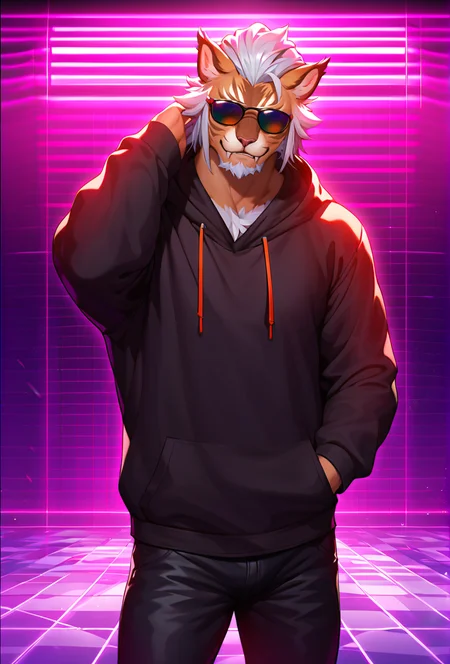 hrothgar, male, solo, (black hoodie),black pant,low light, dramatic lighting, darkness, spotlight, neon, glow, rainbow syntwave, vaporwave, scanlines, dark background,iconic sunglasses, cool, score_9, score_8_up, score_7_up,
<lora:hrothgar:1>