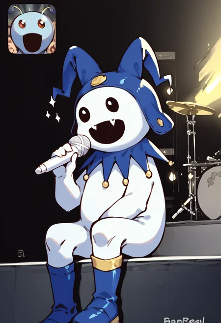score_9, score_8_up, score_7_up, source_anime, FanScreamingMeme, open mouth, sitting, music, holding microphone, singing, no humans, <lora:FanScreamingAtMadisonBeer_XLPD:0.5>, screen, phone,
BREAK <lora:Mothman-pdxl_Fp:1>, mothman, red eyes, open mouth, antennae, wings, pokemon \(creature\),
BREAK <lora:Jack-Frost-pdxl_Fp:1>, jackfrostsmt, creature, white skin, solid oval eyes, :d, fangs, jester cap, blue footwear, closed eyes,