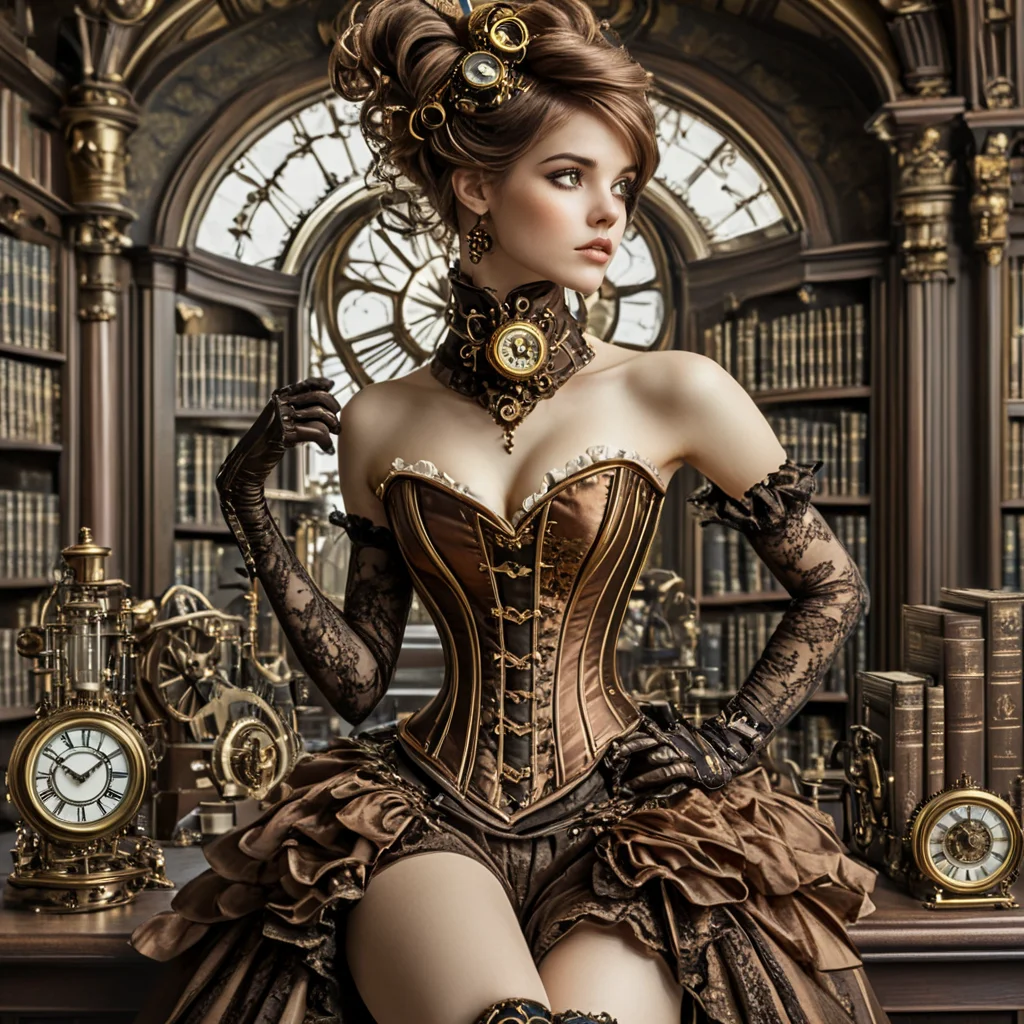 <lora:Rococo_Steampunk_SDXL:1> ArsMJStyle, Rococo Steampunk, gown, brass corset, sitting, library, clock, steampunk, rococo, woman, solo, elegant, timepiece