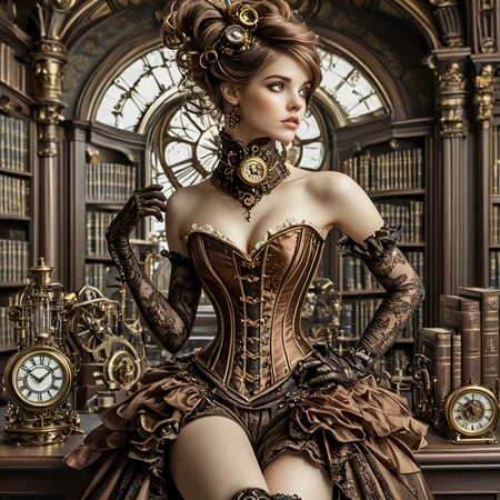 <lora:Rococo_Steampunk_SDXL:1> ArsMJStyle, Rococo Steampunk, gown, brass corset, sitting, library, clock, steampunk, rococo, woman, solo, elegant, timepiece