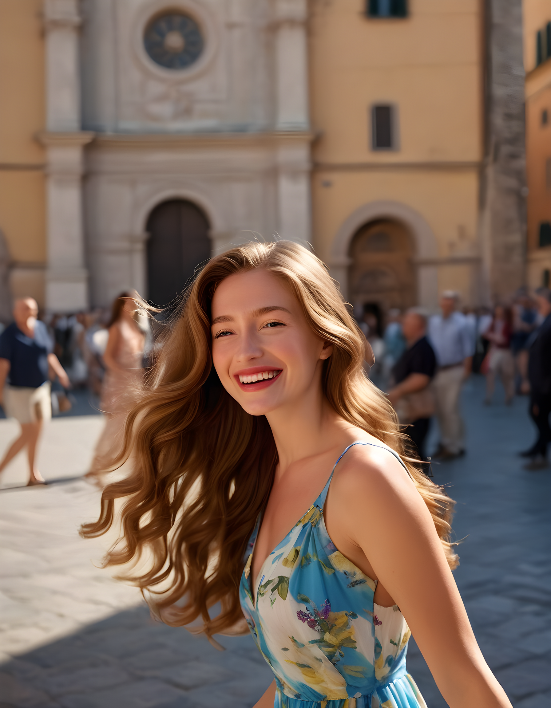 In a vibrant, sun-drenched Italian piazza, the subject, Miacollinsss, stands as a radiant vision against an ancient stone wall. Her long, wavy chestnut hair cascades down her back, catching the light and shimmering like a golden waterfall. She is attired in a chic, flowing summer dress of azure hue, the fabric gently billowing in the soft breeze. The camera captures her from a slightly elevated angle, emphasizing her poise and grace as she smiles warmly at the viewer, her lips curved into a closed-mouth smile that hints at a secret. Behind her, the bustling piazza is a lively blur of color and activity, while the distant bell tower casts a long, dramatic shadow across the scene.
